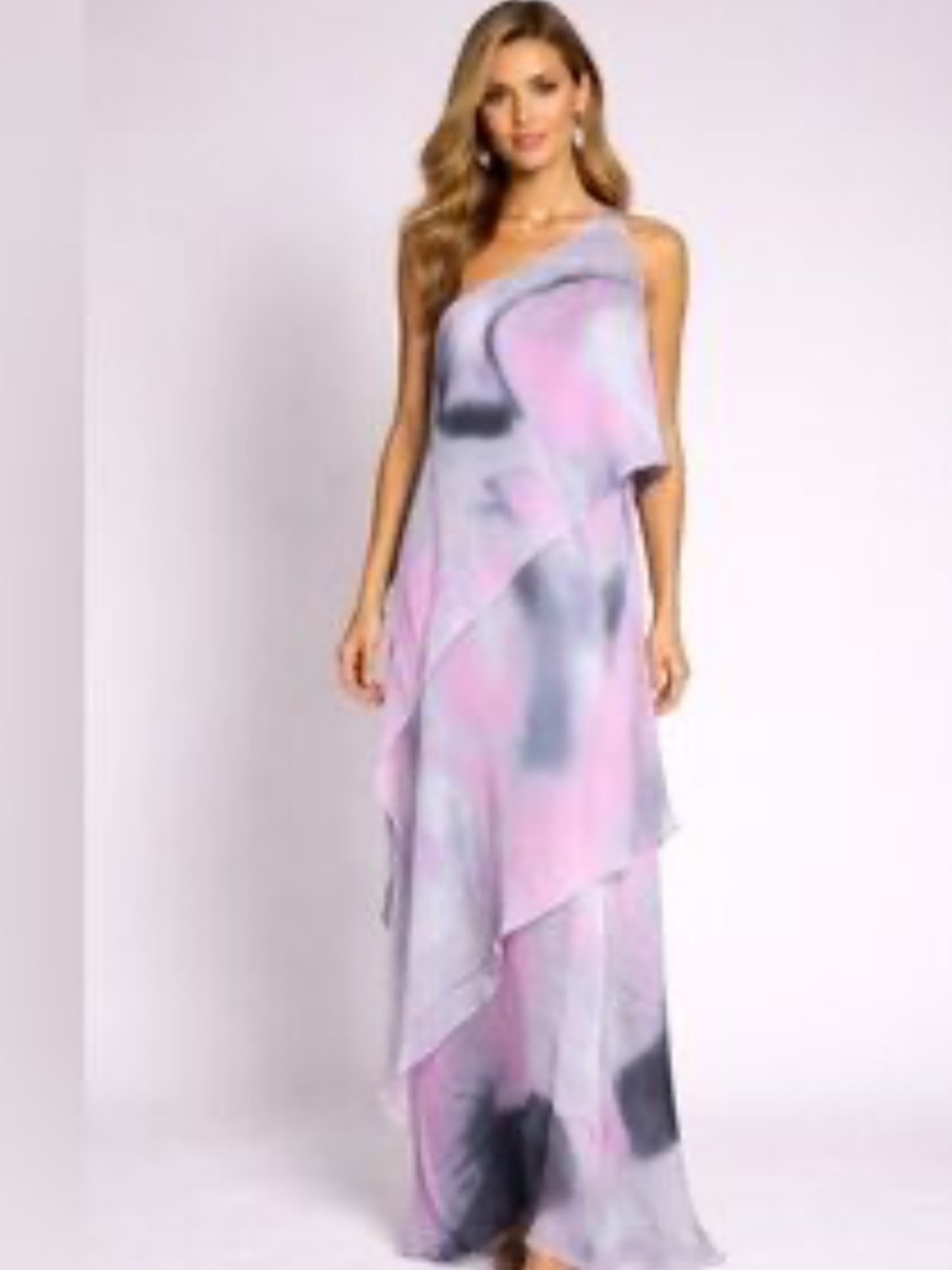 Halston Heritage Asymmetric One-Shoulder Silk Pink Gray Layered Maxi Dress 4